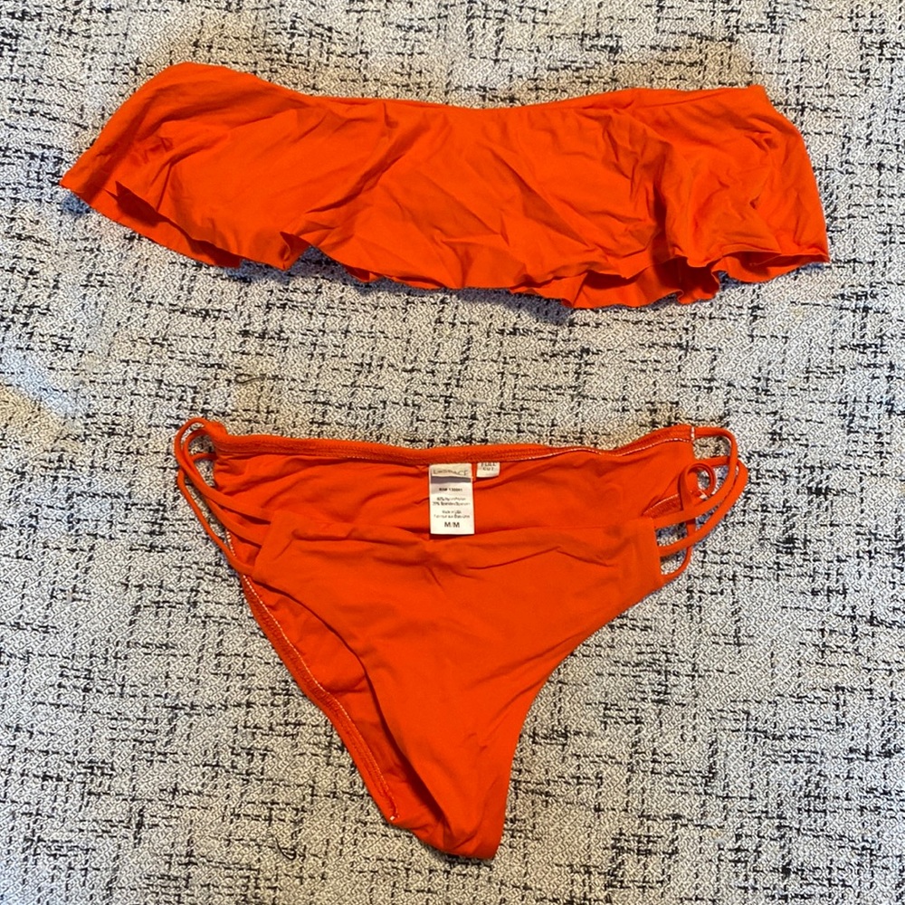 LSpace ruffled orange/red bandeau + full cut bottom